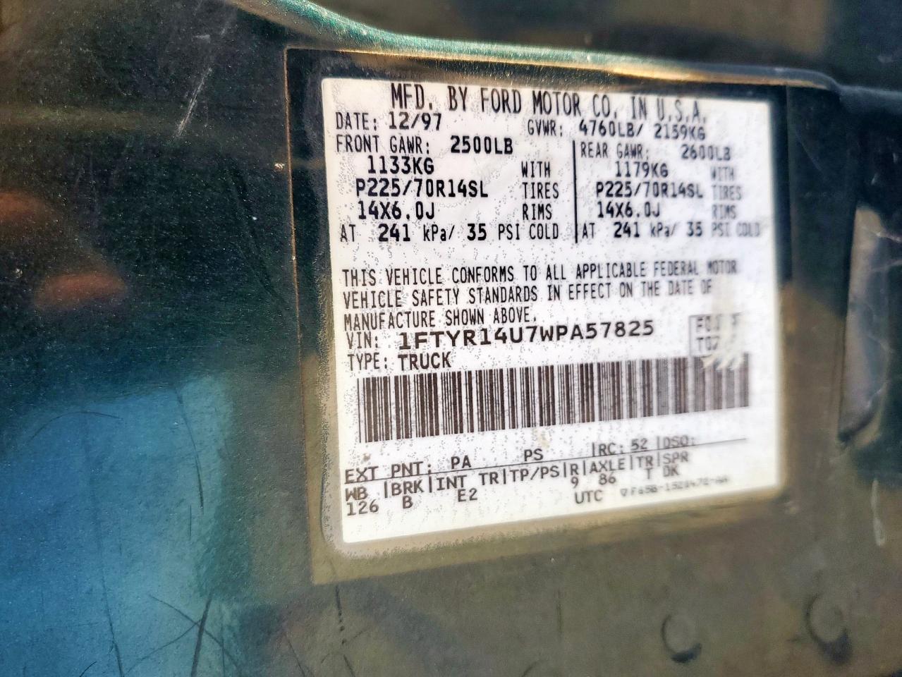 1998 Ford Ranger Super Cab VIN: 1FTYR14U7WPA57825 Lot: 91912635