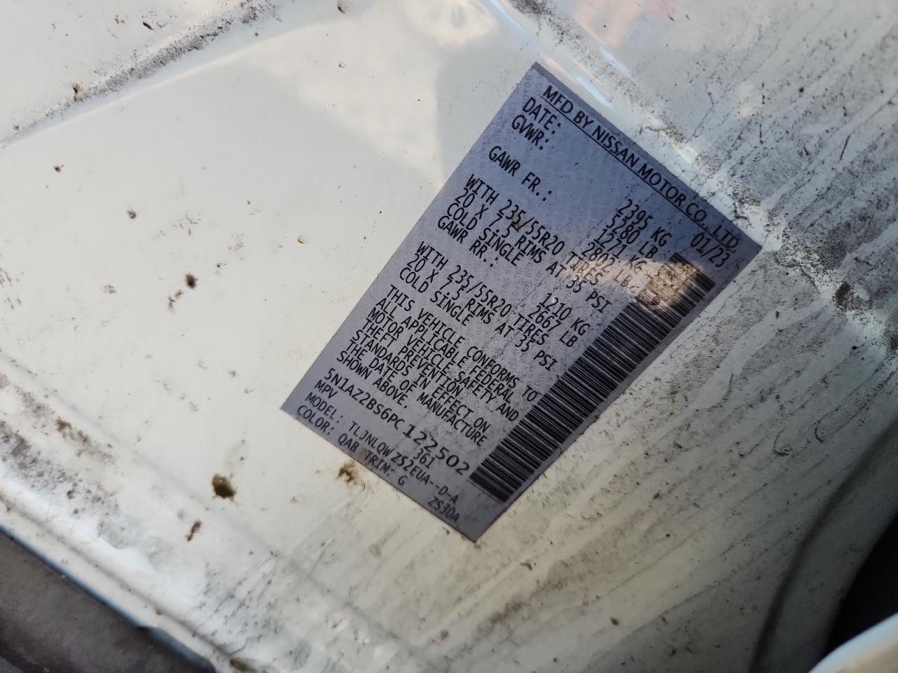 2023 Nissan Murano Sv VIN: 5N1AZ2BS6PC122502 Lot: 93710195