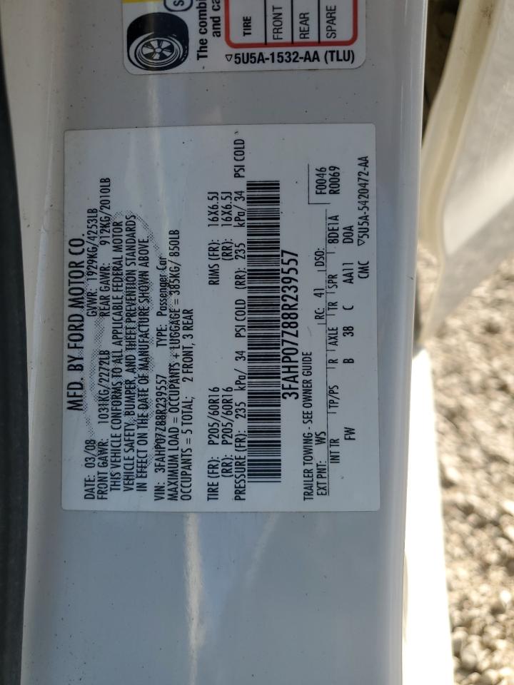 2008 Ford Fusion Se VIN: 3FAHP07Z88R239557 Lot: 89839755