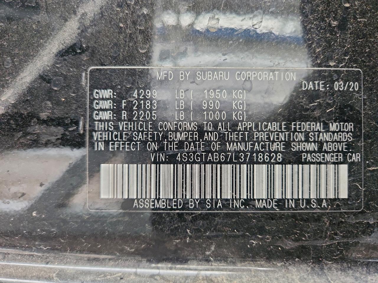 2020 Subaru Impreza VIN: 4S3GTAB67L3718628 Lot: 94279035