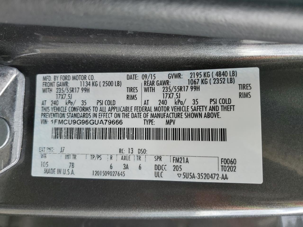 2016 Ford Escape Se VIN: 1FMCU9G96GUA79666 Lot: 92204435