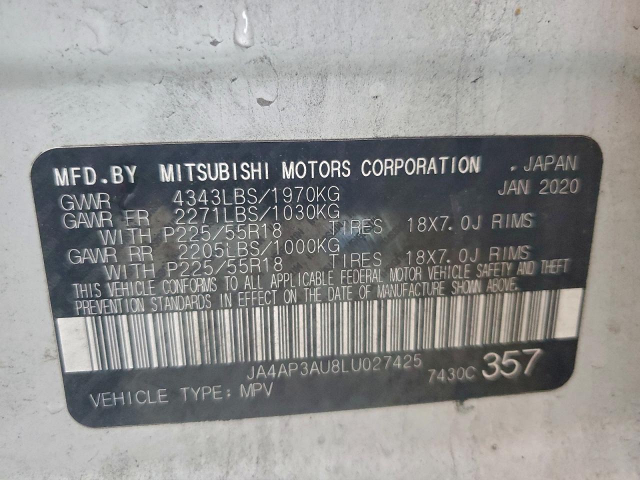 2020 Mitsubishi Outlander Sport Es VIN: JA4AP3AU8LU027425 Lot: 93942315