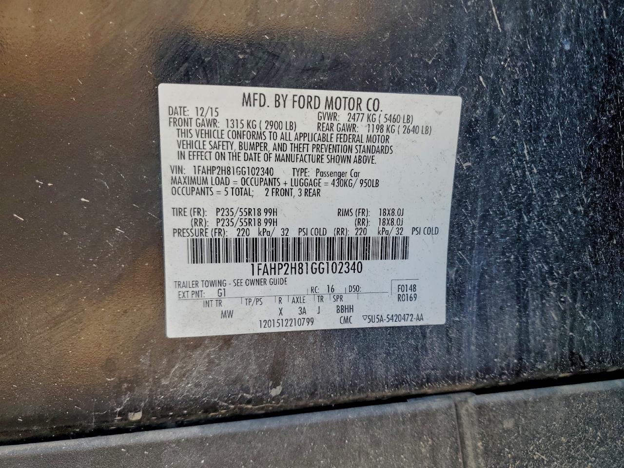 2016 Ford Taurus Sel VIN: 1FAHP2H81GG102340 Lot: 92647175