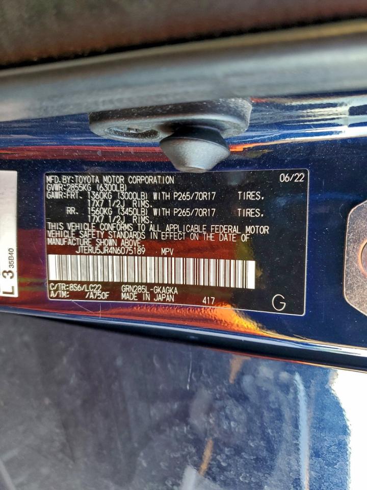 2022 Toyota 4Runner Sr5 Premium VIN: JTERU5JR4N6075189 Lot: 92284525