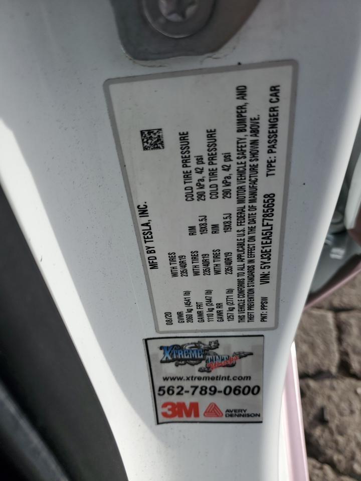 2020 Tesla Model 3 VIN: 5YJ3E1EA5LF785658 Lot: 92181395