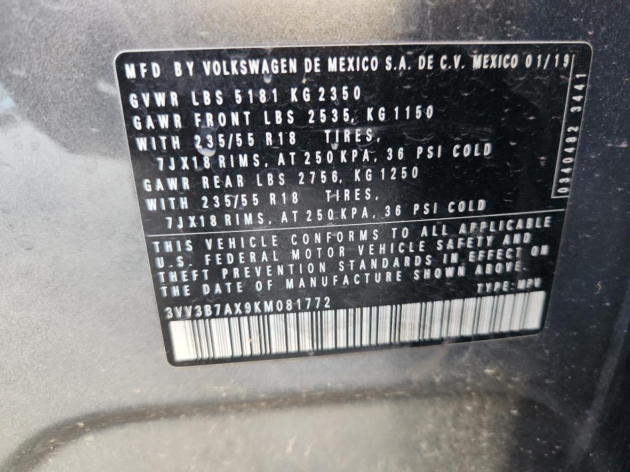 2019 Volkswagen Tiguan Se VIN: 3VV3B7AX9KM081772 Lot: 91888345