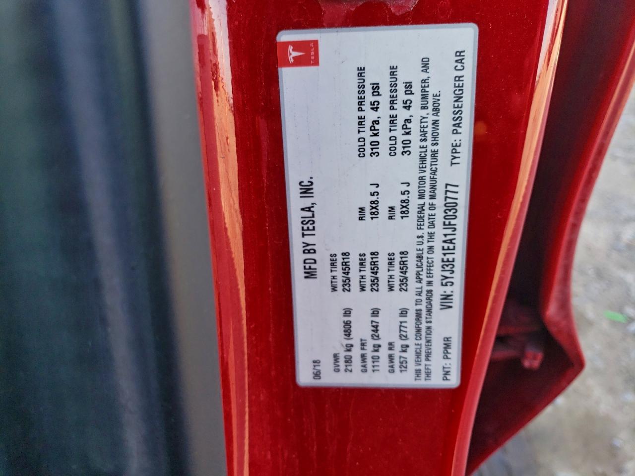 2018 Tesla Model 3 VIN: 5YJ3E1EA1JF030777 Lot: 93767175