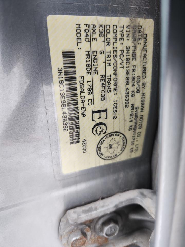 2008 Nissan Versa S VIN: 3N1BC13E98L436392 Lot: 93723385