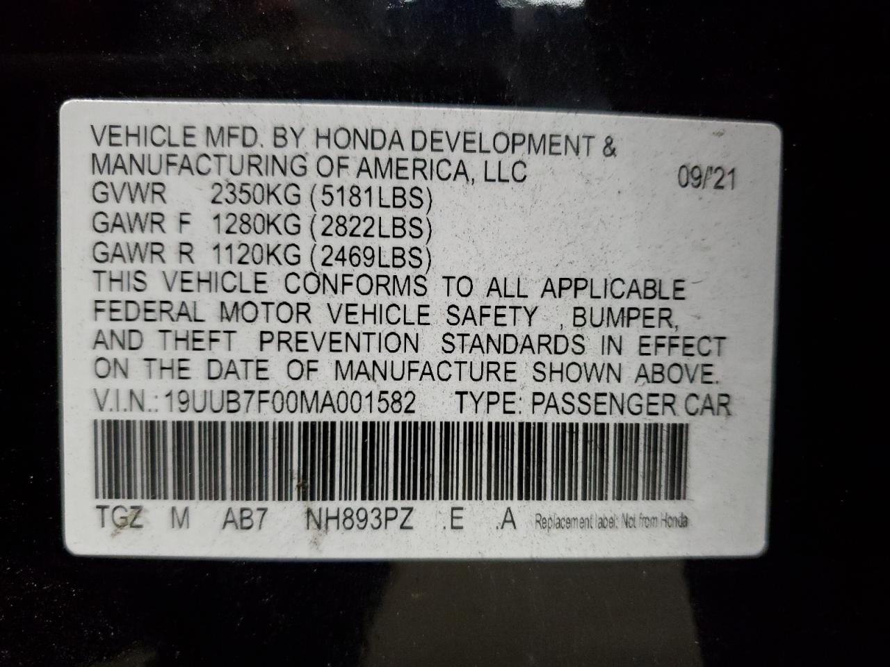 2021 Acura Tlx Type S VIN: 19UUB7F00MA001582 Lot: 91663575