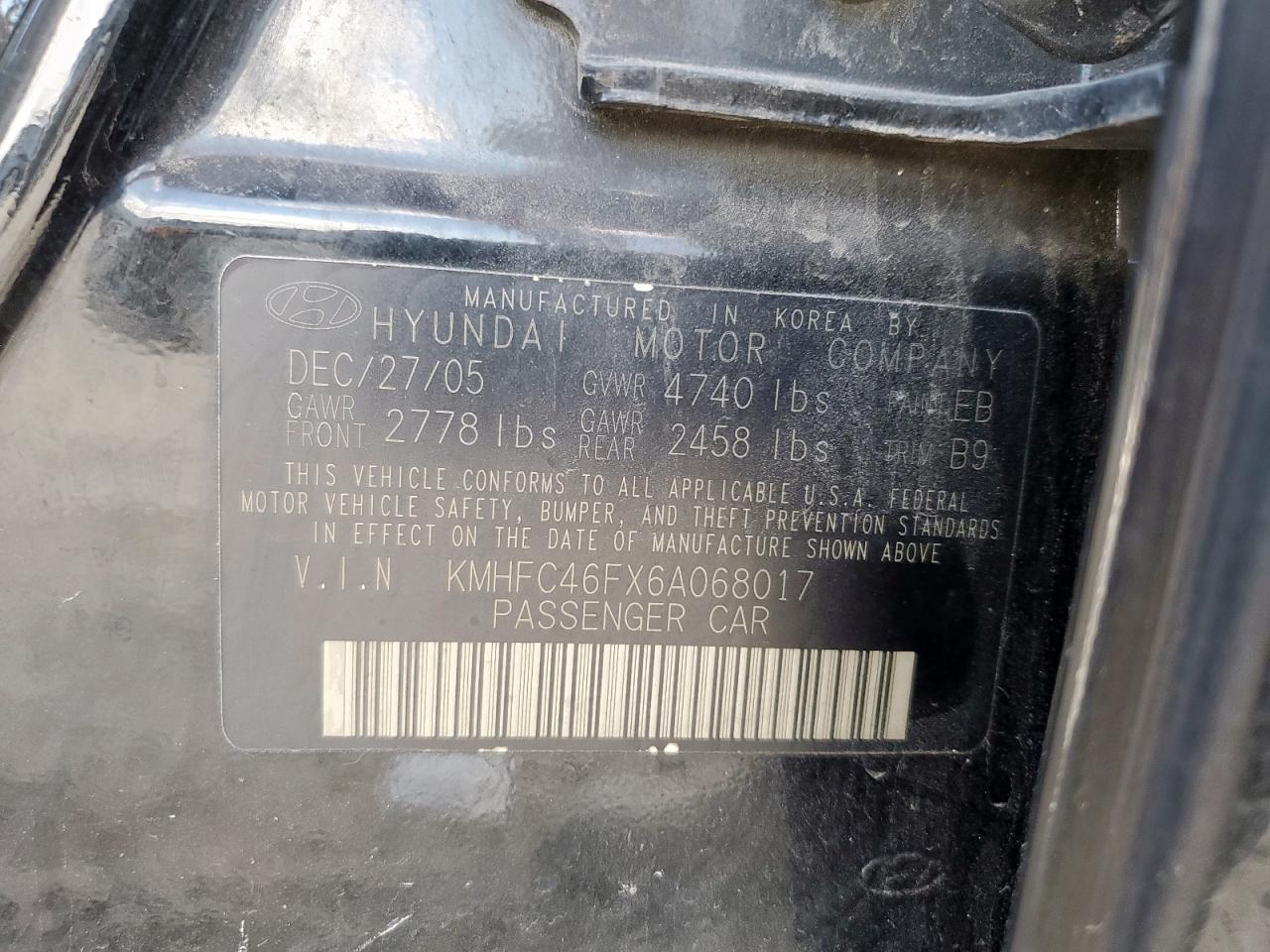 2006 Hyundai Azera Se VIN: KMHFC46FX6A068017 Lot: 93035195