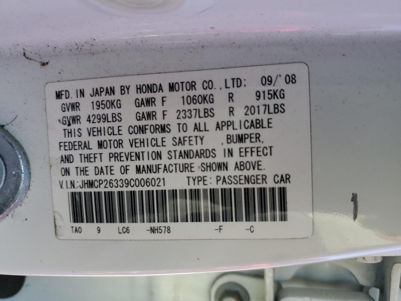 2009 Honda Accord Lx VIN: JHMCP26339C006021 Lot: 91563665