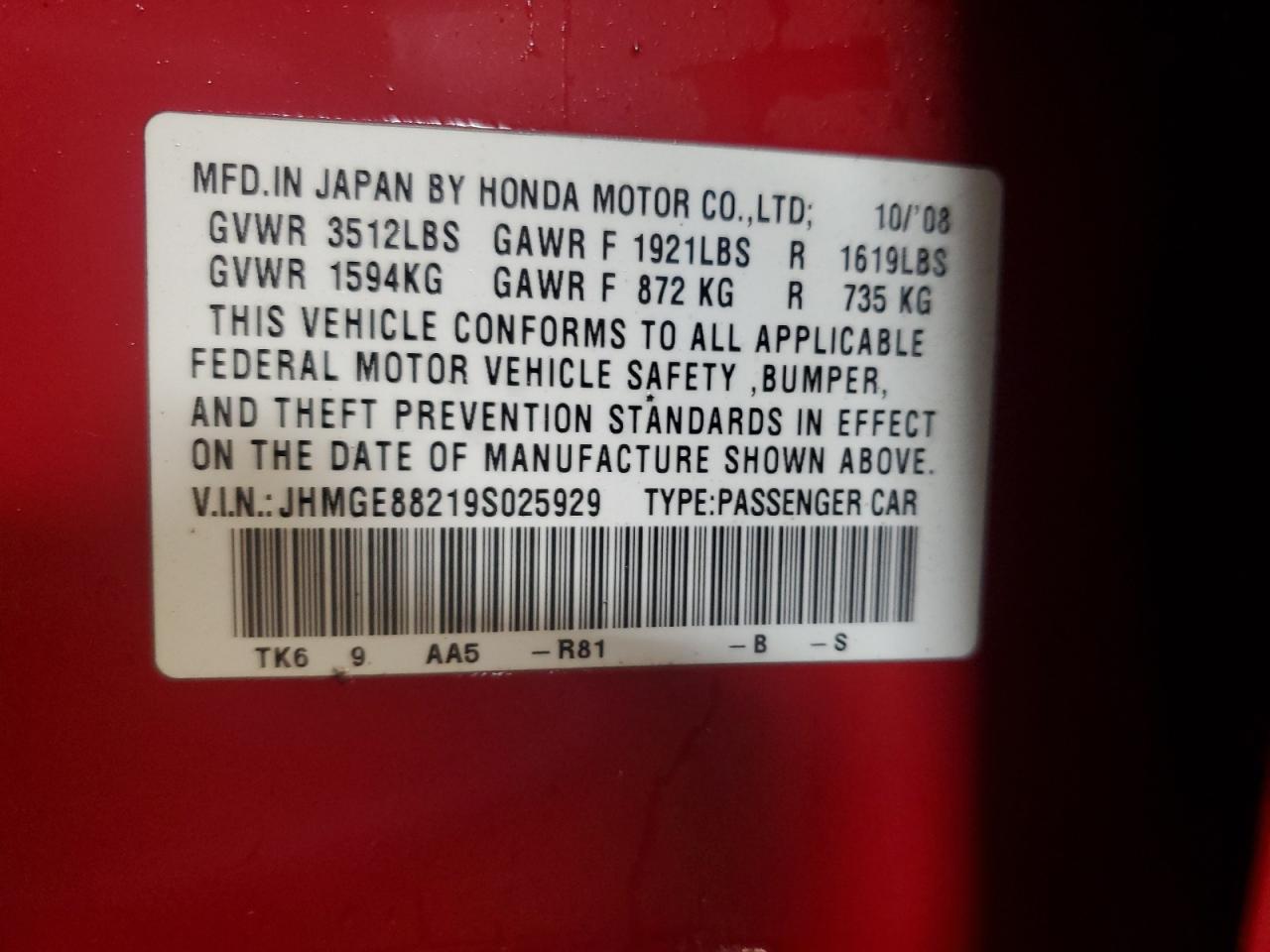 2009 Honda Fit VIN: JHMGE88219S025929 Lot: 93420675