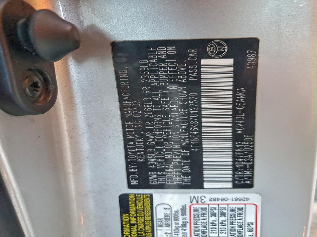 2007 Toyota Camry Ce VIN: 4T1BE46K87U122520 Lot: 92932895