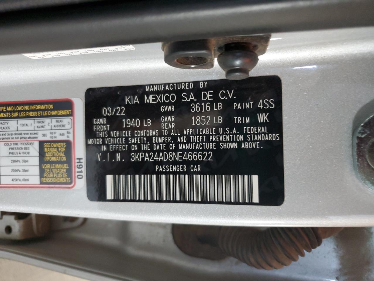 2022 Kia Rio Lx VIN: 3KPA24AD8NE466622 Lot: 91304405