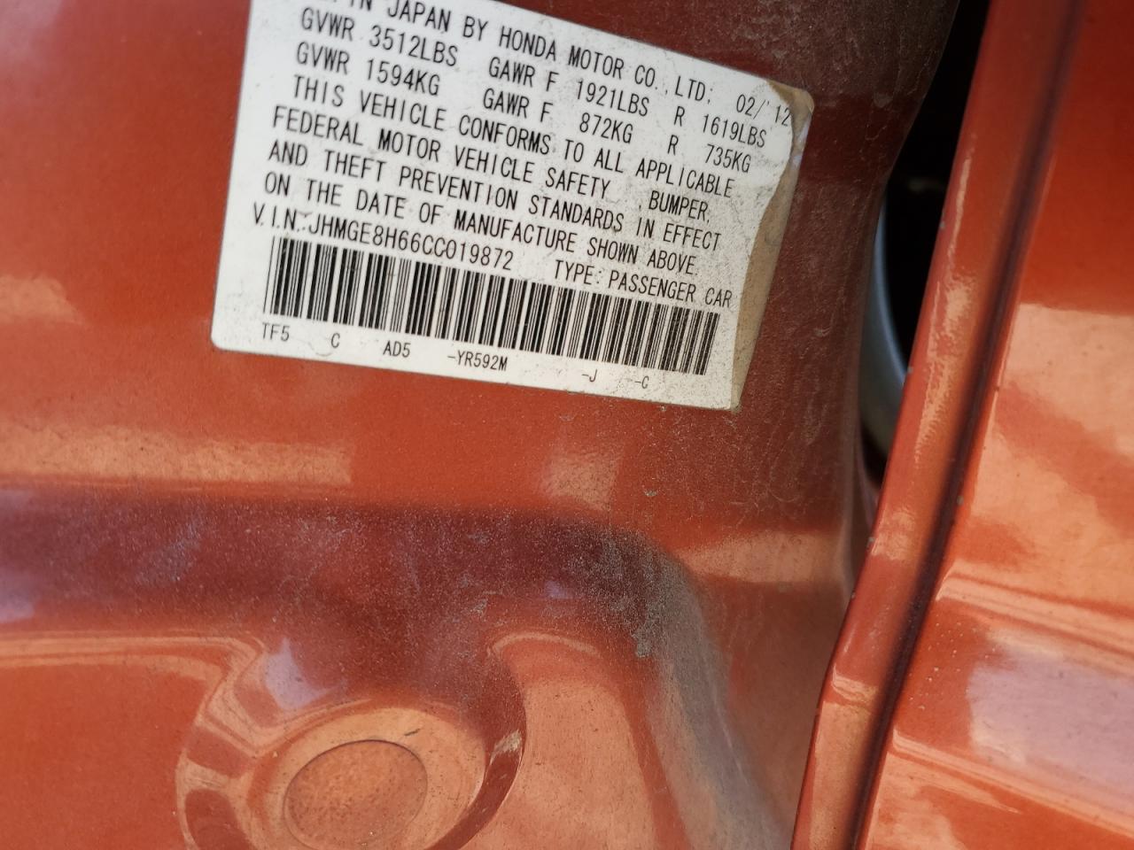 2012 Honda Fit Sport VIN: JHMGE8H66CC019872 Lot: 92403535