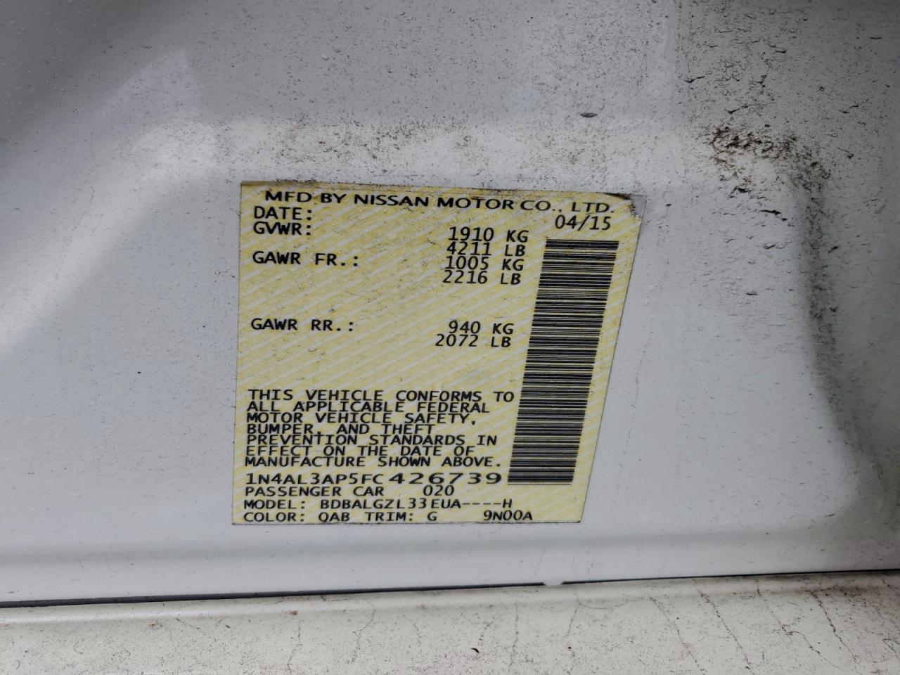 2015 Nissan Altima 2.5 VIN: 1N4AL3AP5FC426739 Lot: 94479825