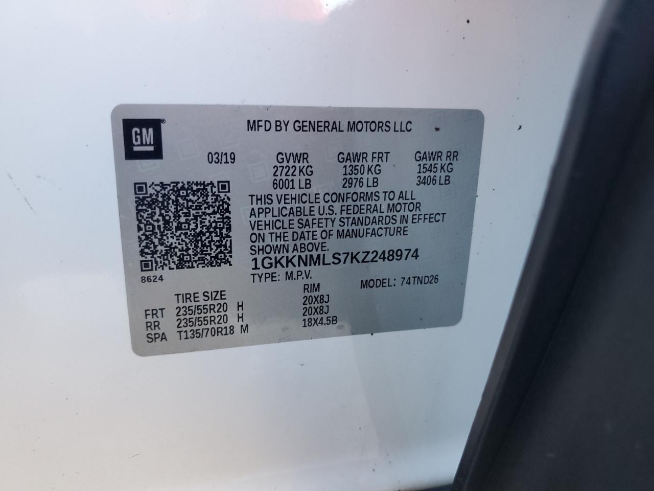 2019 GMC Acadia Slt-1 VIN: 1GKKNMLS7KZ248974 Lot: 92324375