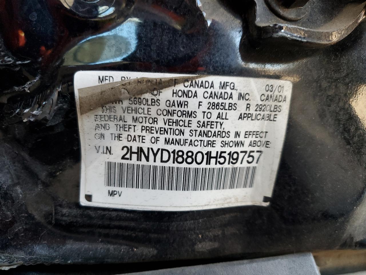 2001 Acura Mdx Touring VIN: 2HNYD18801H519757 Lot: 93394045