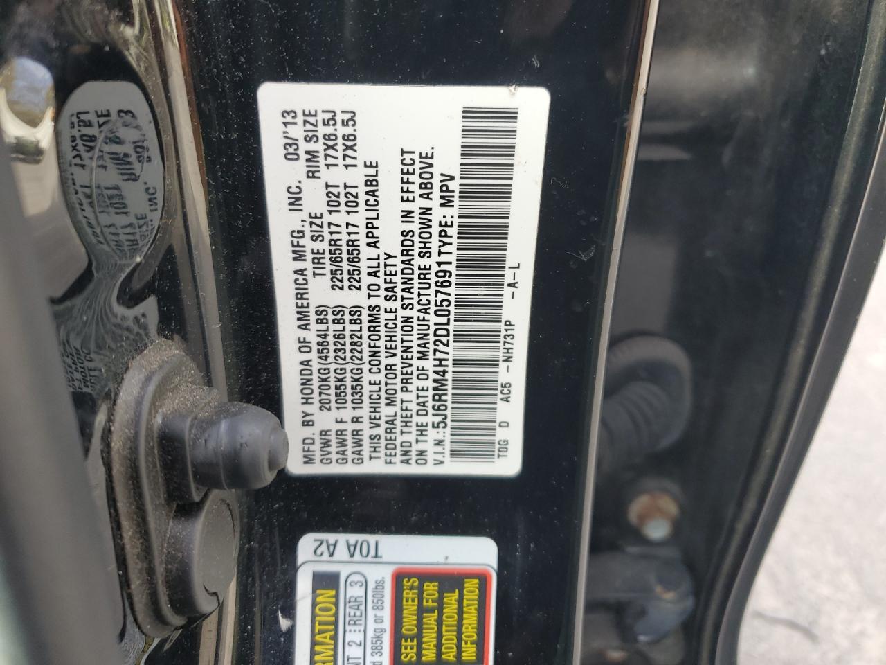 2013 Honda Cr-V Exl VIN: 5J6RM4H72DL057691 Lot: 91369975