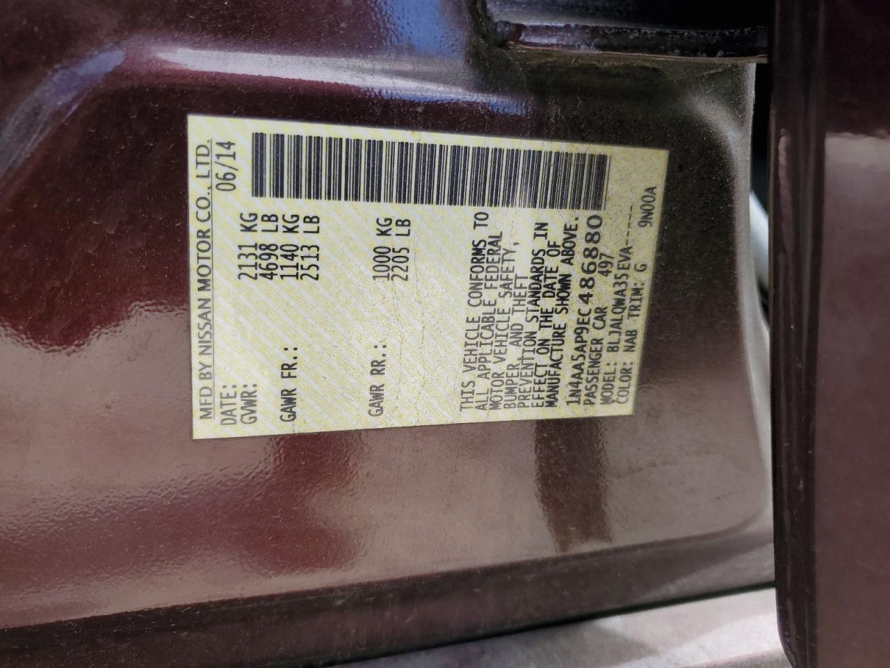 2014 Nissan Maxima S VIN: 1N4AA5AP9EC486880 Lot: 91373175