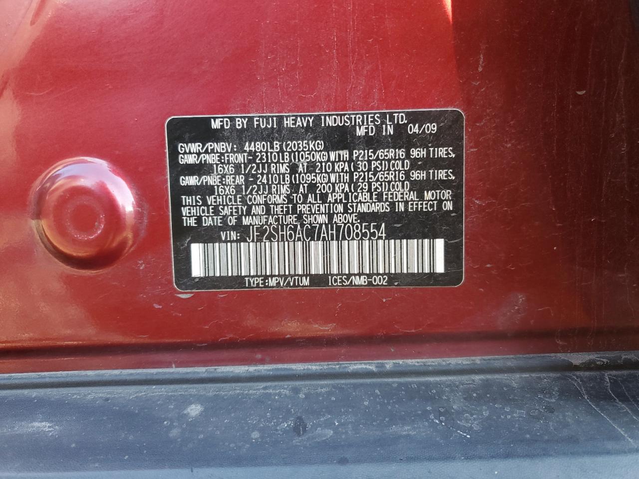 2010 Subaru Forester 2.5X VIN: JF2SH6AC7AH708554 Lot: 93629225