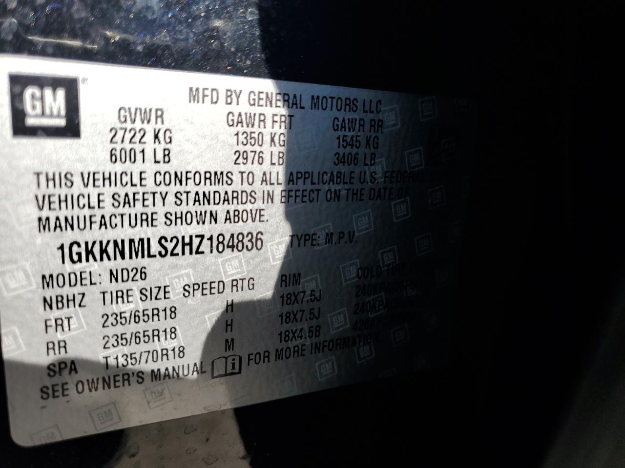 2017 GMC Acadia Slt-1 VIN: 1GKKNMLS2HZ184836 Lot: 92989355