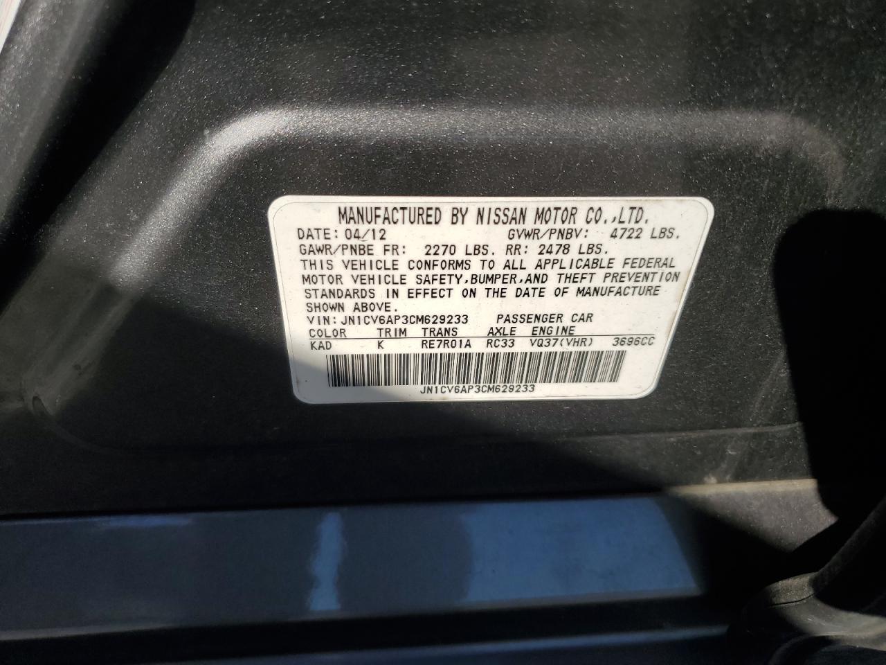 2012 Infiniti G37 Base VIN: JN1CV6AP3CM629233 Lot: 91852755