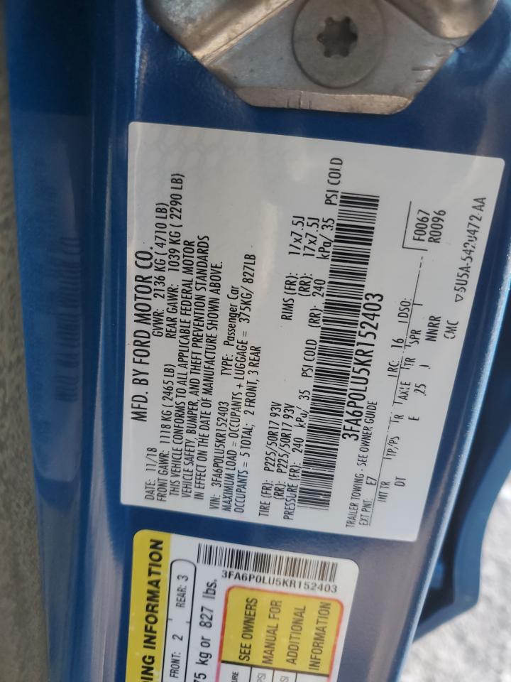 2019 Ford Fusion Se VIN: 3FA6P0LU5KR152403 Lot: 92394835