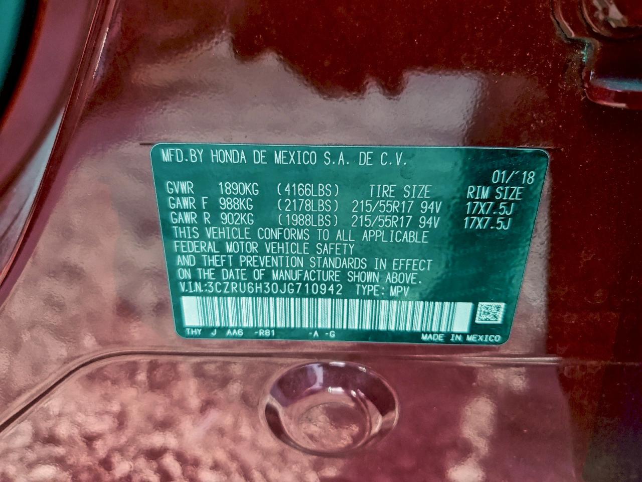 2018 Honda Hr-V Lx VIN: 3CZRU6H30JG710942 Lot: 93367565