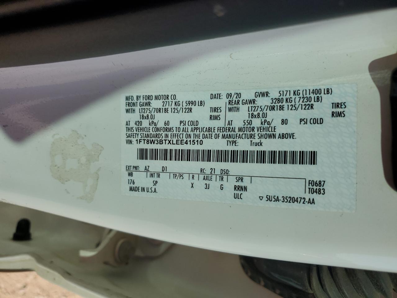 2020 Ford F350 Super Duty VIN: 1FT8W3BTXLEE41510 Lot: 92479065