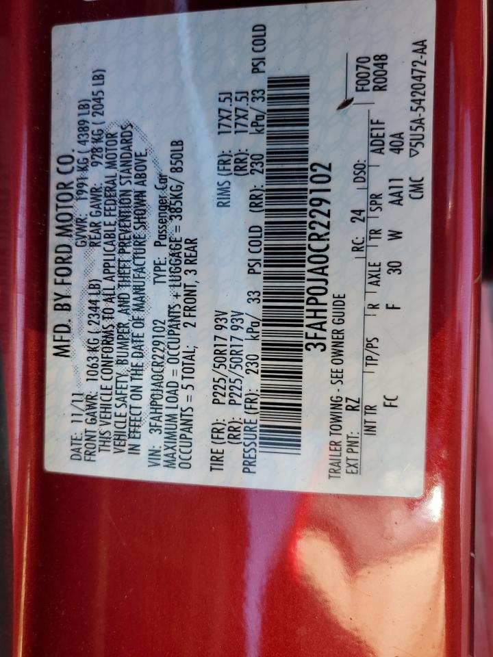 2012 Ford Fusion Sel VIN: 3FAHP0JA0CR229102 Lot: 93395625