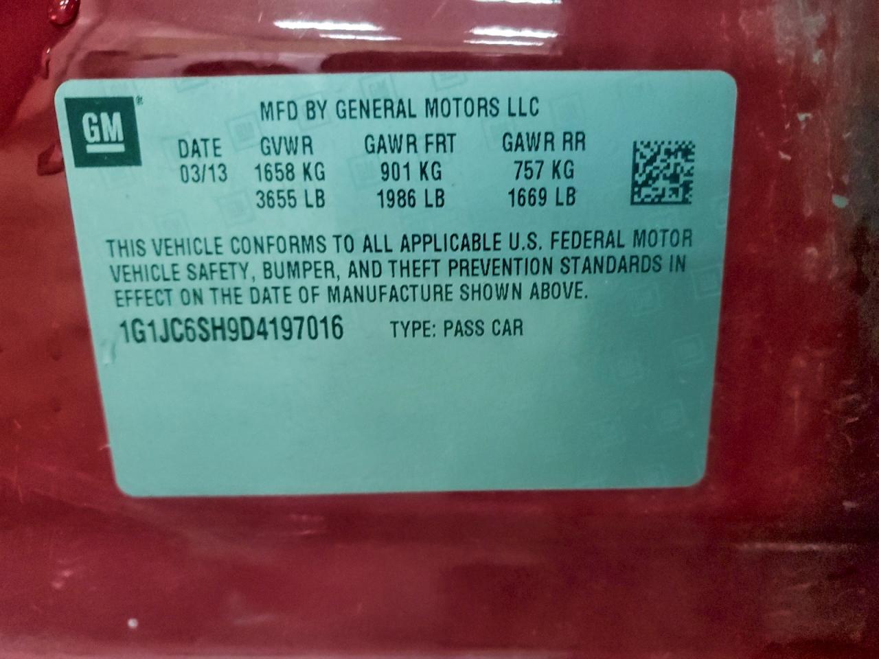 2013 Chevrolet Sonic Lt VIN: 1G1JC6SH9D4197016 Lot: 93936345