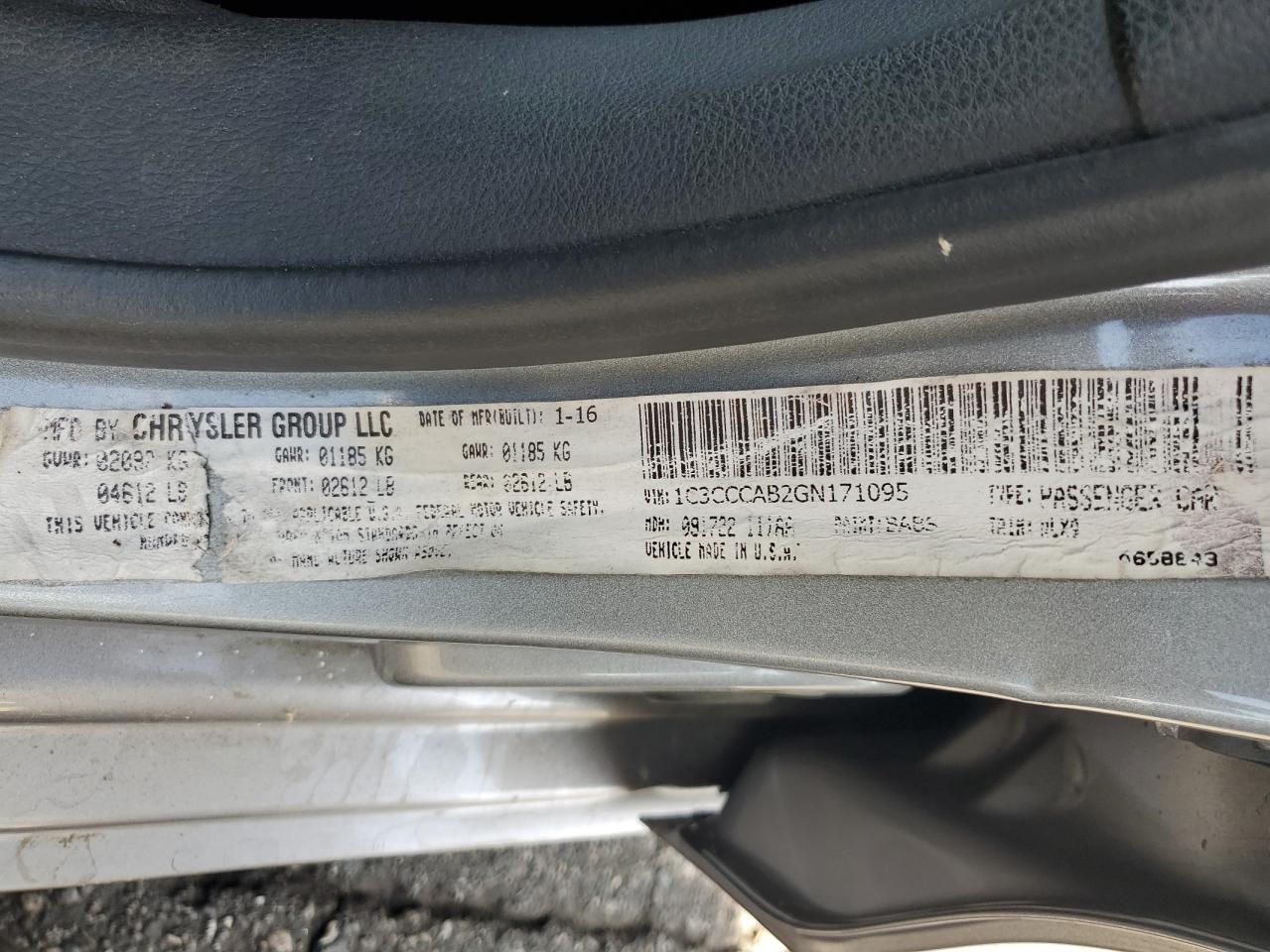 2016 Chrysler 200 Limited VIN: 1C3CCCAB2GN171095 Lot: 92500335