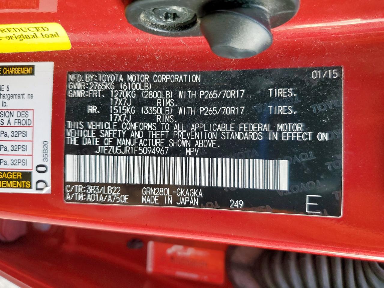 2015 Toyota 4Runner Sr5 VIN: JTEZU5JR1F5094967 Lot: 93141525