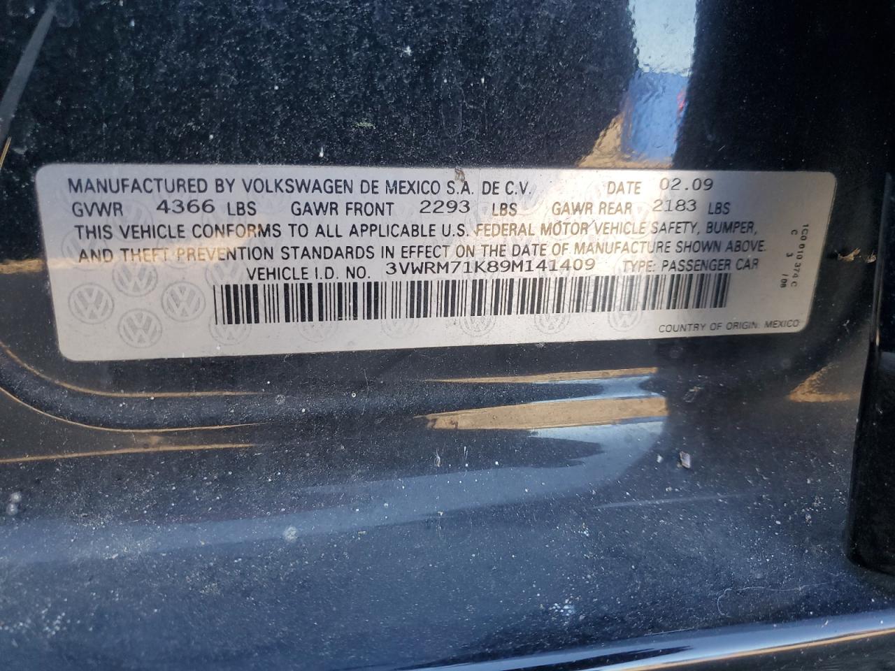 2009 Volkswagen Jetta Se VIN: 3VWRM71K89M414140 Lot: 92495675