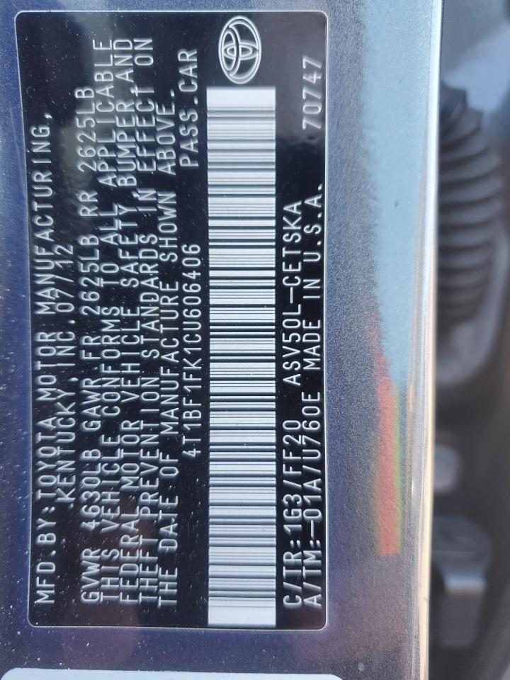 2012 Toyota Camry Base VIN: 4T1BF1FK1CU606406 Lot: 92254425