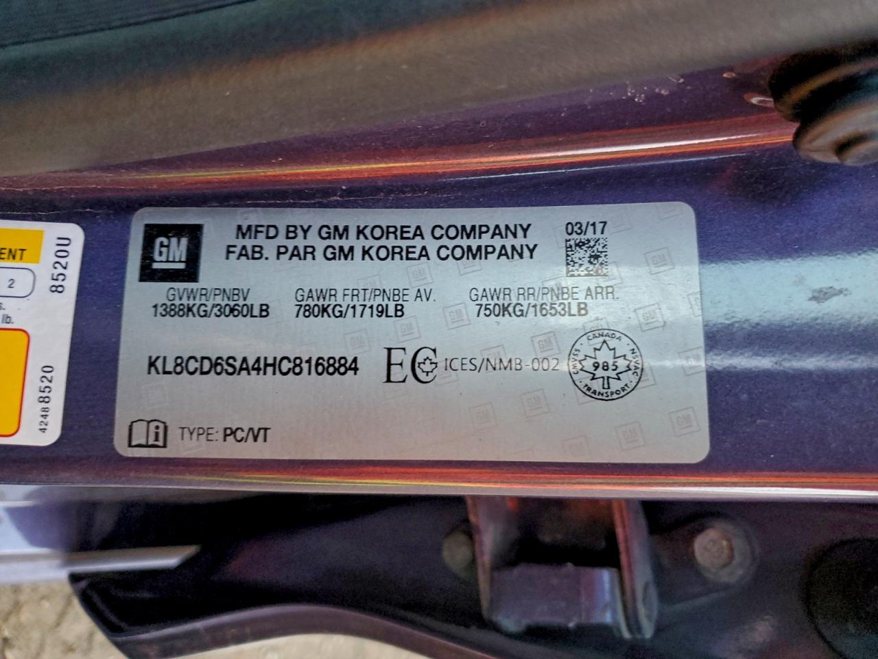 2017 Chevrolet Spark 1Lt VIN: KL8CD6SA4HC816884 Lot: 93606335