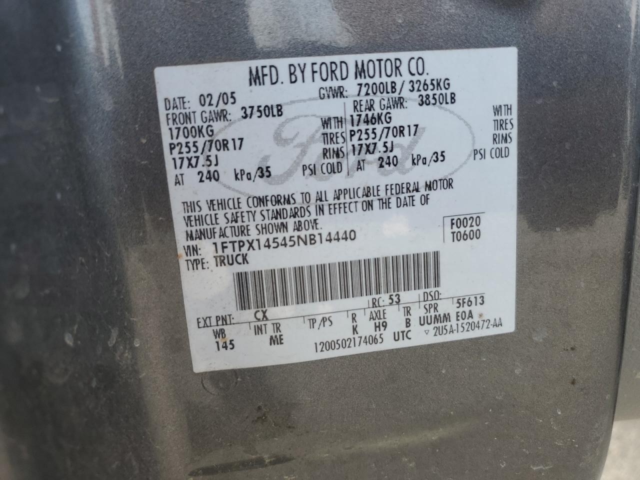 2005 Ford F150 VIN: 1FTPX14545NB14440 Lot: 92543825