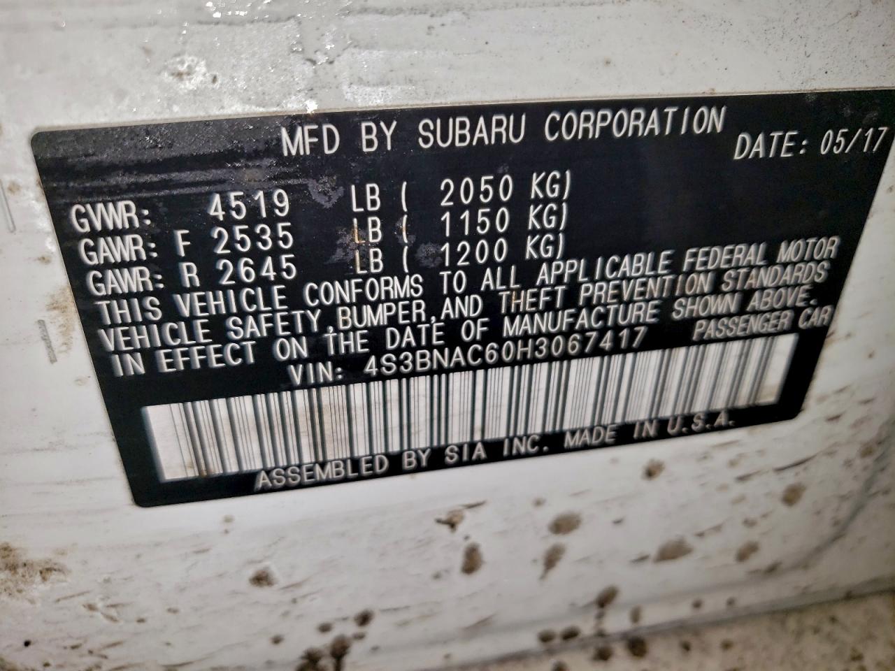 2017 Subaru Legacy 2.5I Premium VIN: 4S3BNAC60H3067417 Lot: 94711725