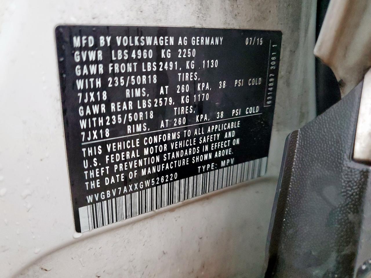 2016 Volkswagen Tiguan S VIN: WVGBV7AXXGW526220 Lot: 93464955