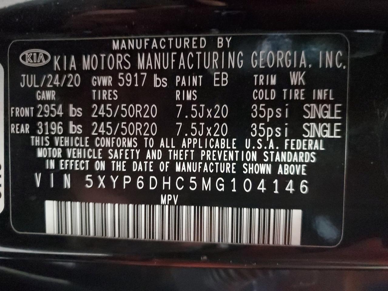 2021 Kia Telluride S VIN: 5XYP6DHC5MG104146 Lot: 92293995