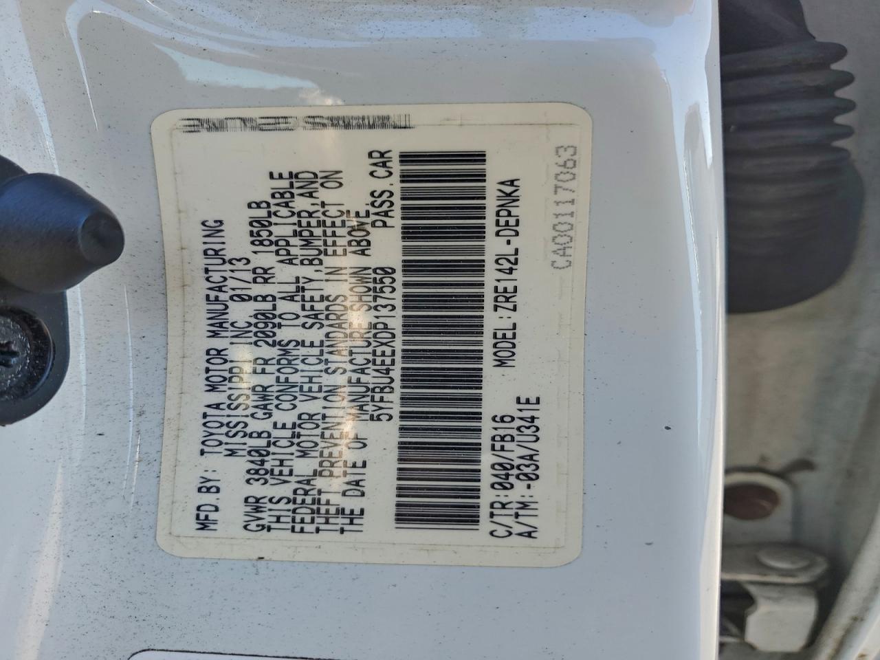 2013 Toyota Corolla Base VIN: 5YFBU4EEXDP137550 Lot: 93821695