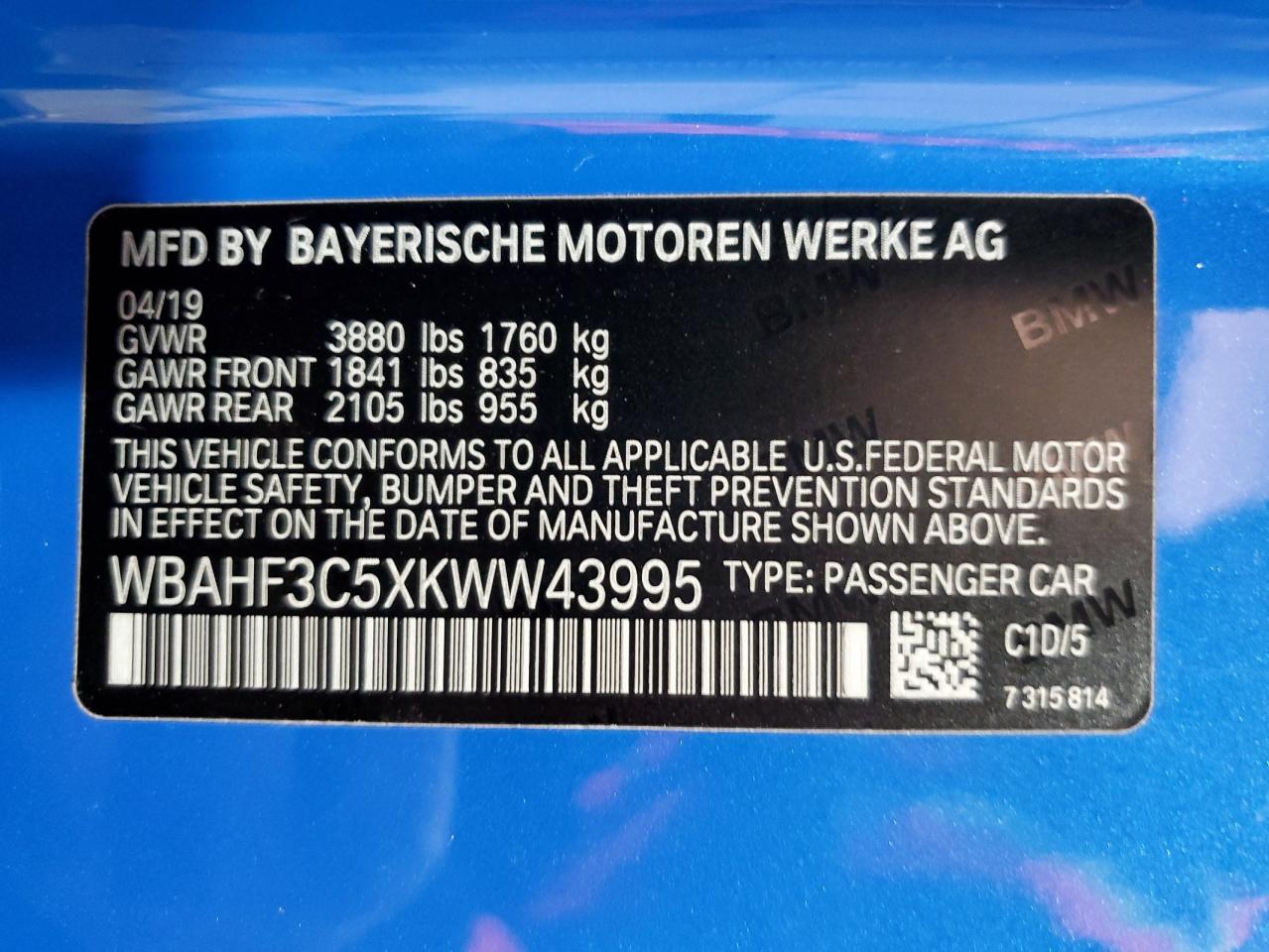2019 BMW Z4 Sdrive30I VIN: WBAHF3C5XKWW43995 Lot: 92326925