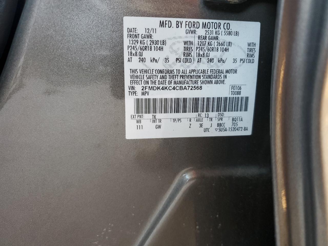 2012 Ford Edge Limited VIN: 2FMDK4KC4CBA72568 Lot: 93272275