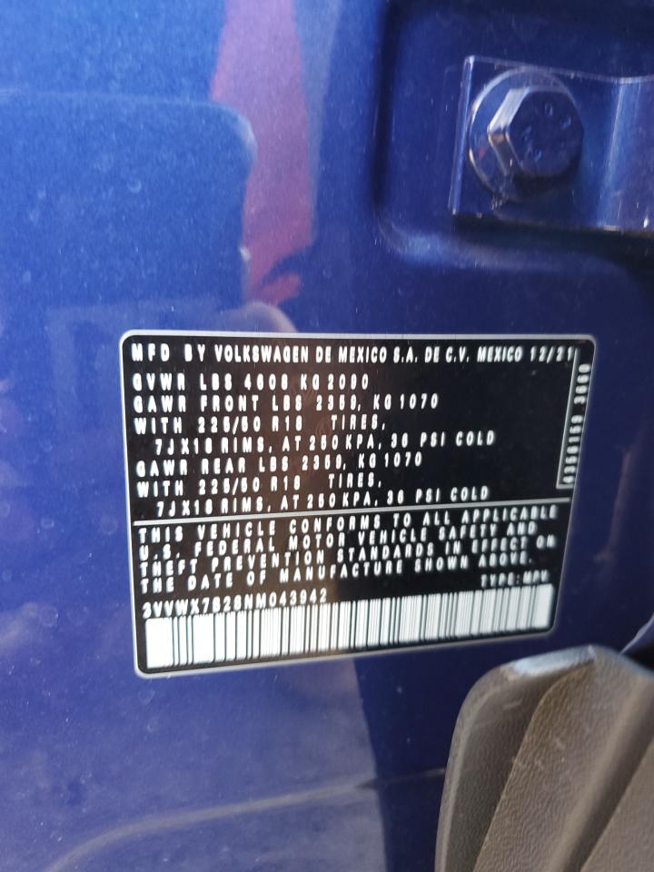2022 Volkswagen Taos Se VIN: 3VVWX7B28NM043942 Lot: 91070495