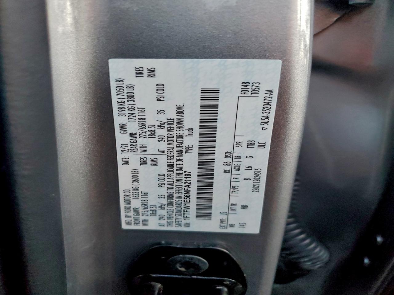 2022 Ford F150 Supercrew VIN: 1FTFW1E56NFA21197 Lot: 93764125