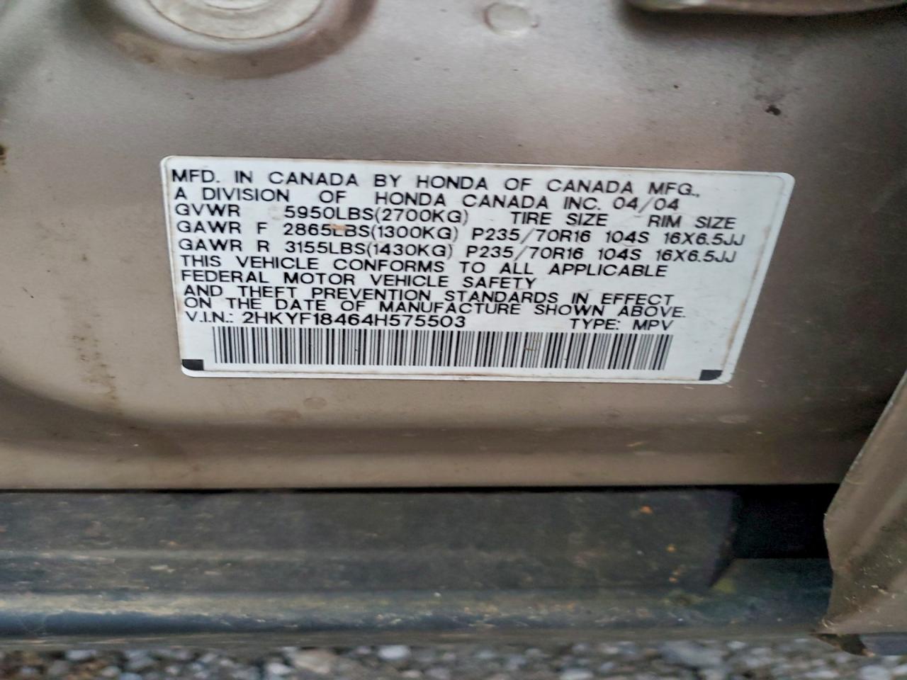 2004 Honda Pilot Ex VIN: 2HKYF18464H575503 Lot: 94096105