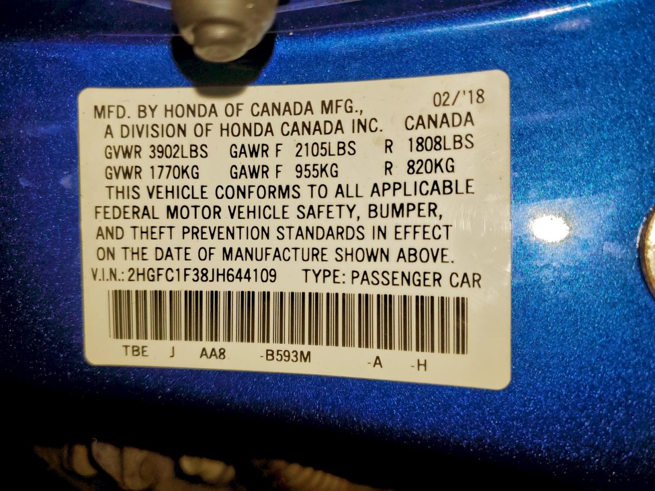 2018 Honda Civic Ex VIN: 2HGFC1F38JH644109 Lot: 93974025