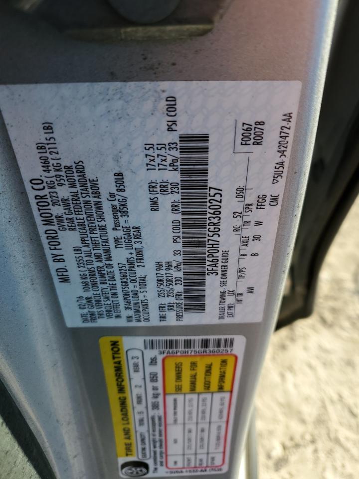 2016 Ford Fusion Se VIN: 3FA6P0H75GR360257 Lot: 91790095