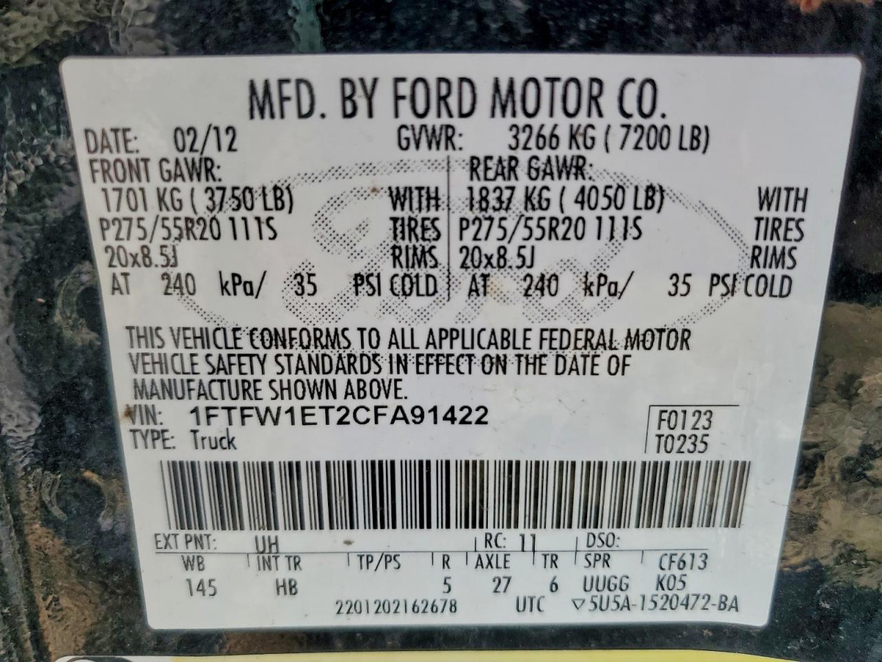 2012 Ford F150 Supercrew VIN: 1FTFW1ET2CFA91422 Lot: 93449865